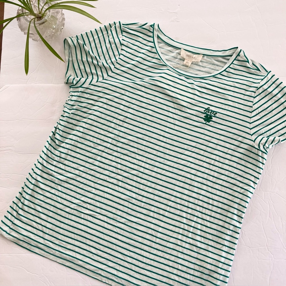 BRIT. NY /  Women's Green Striped Short Sleeve Tee with shamrock ☘️
